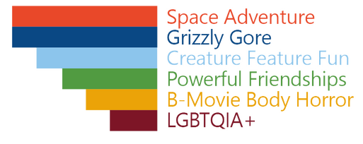 A Simple Chart Labelled: Space Adventure, Grizzly Gore, Creature Feature Fun, Powerful Friendships, B-Movie Body Horror, LGBTQIA+